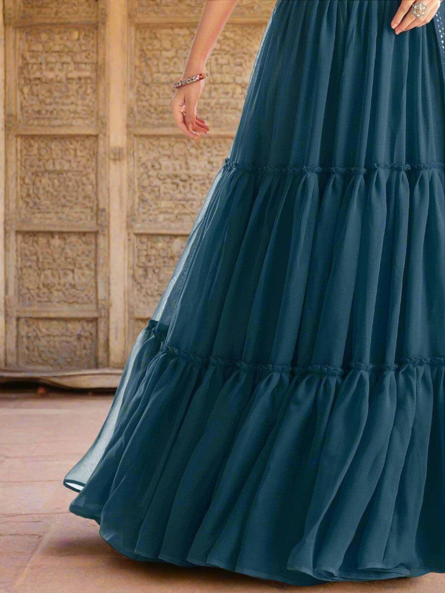 Eye-Catching Teal Blue Lehenga | Georgette with Sequin & Embroidery Work