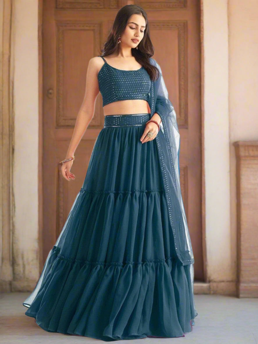 Eye-Catching Teal Blue Lehenga | Georgette with Sequin & Embroidery Work