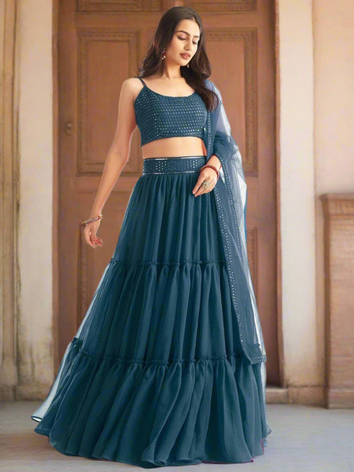 Eye-Catching Teal Blue Lehenga | Georgette with Sequin & Embroidery Work