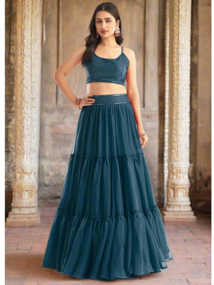 Eye-Catching Teal Blue Lehenga | Georgette with Sequin & Embroidery Work