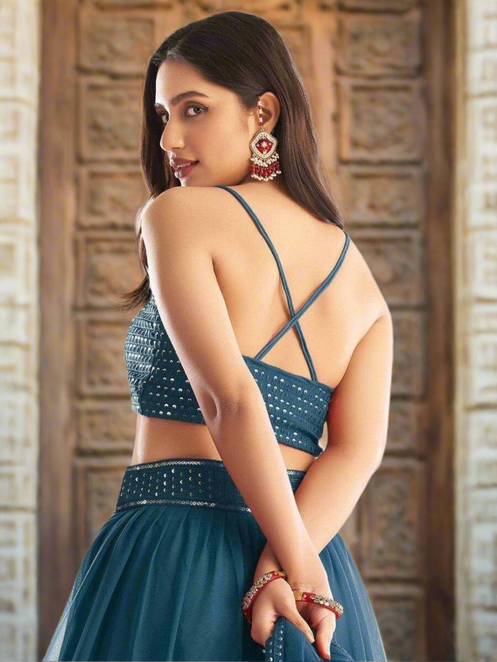 Eye-Catching Teal Blue Lehenga | Georgette with Sequin & Embroidery Work