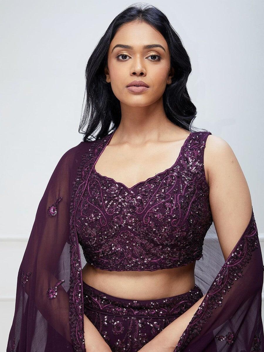 Wine Lehenga Choli | Bridal Lehenga with Sequin & Embroidery