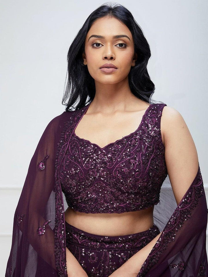 Wine Lehenga Choli | Bridal Lehenga with Sequin & Embroidery