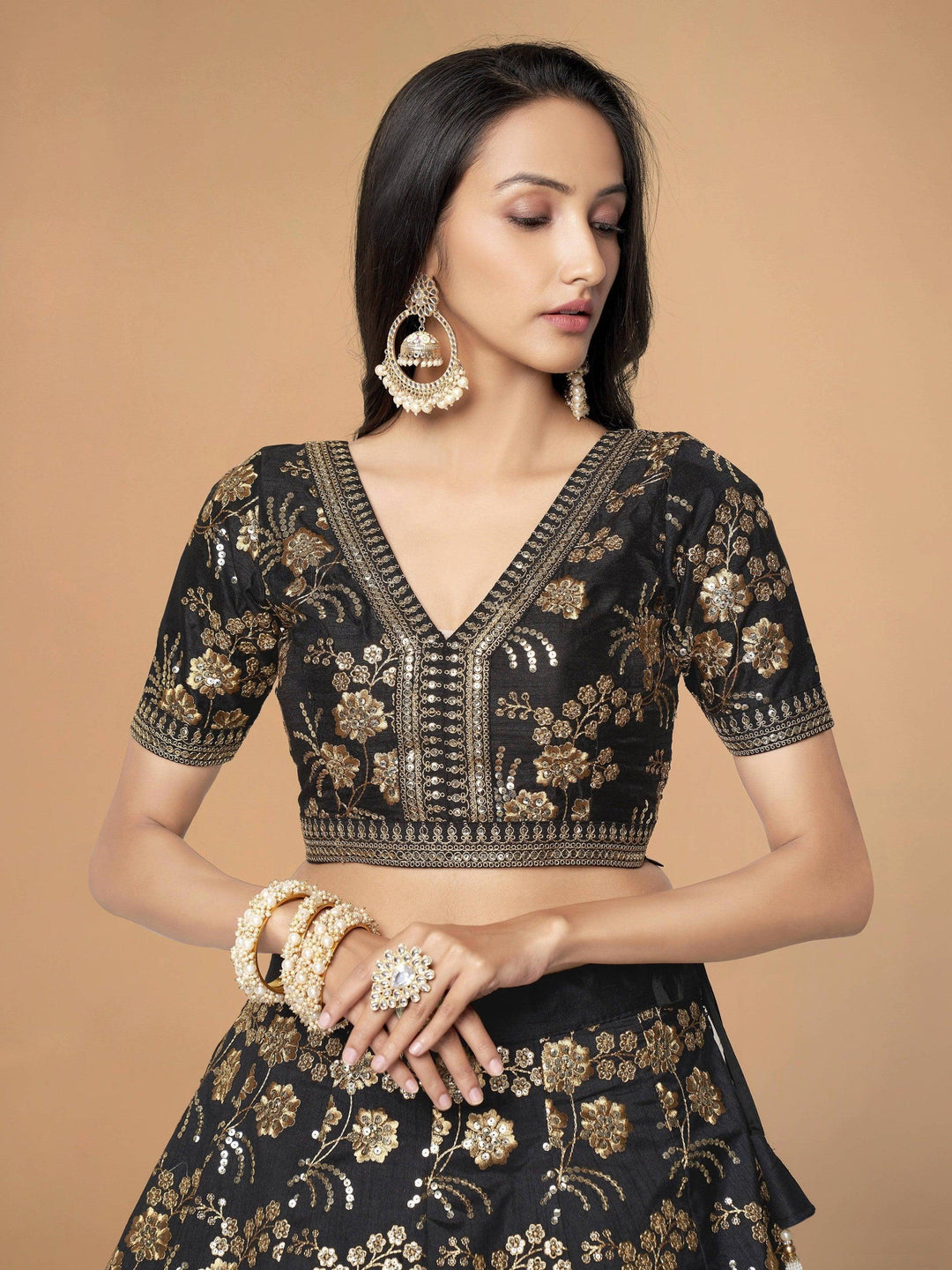 Black Satin Lehenga | Customizable Lehenga with Lace Dupatta