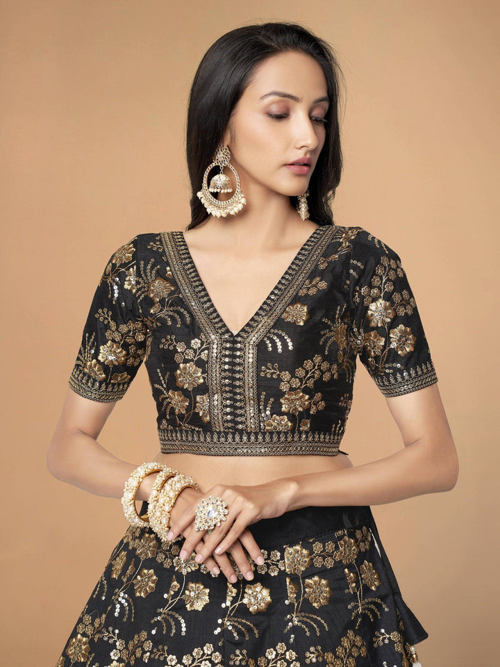 Black Satin Lehenga | Customizable Lehenga with Lace Dupatta