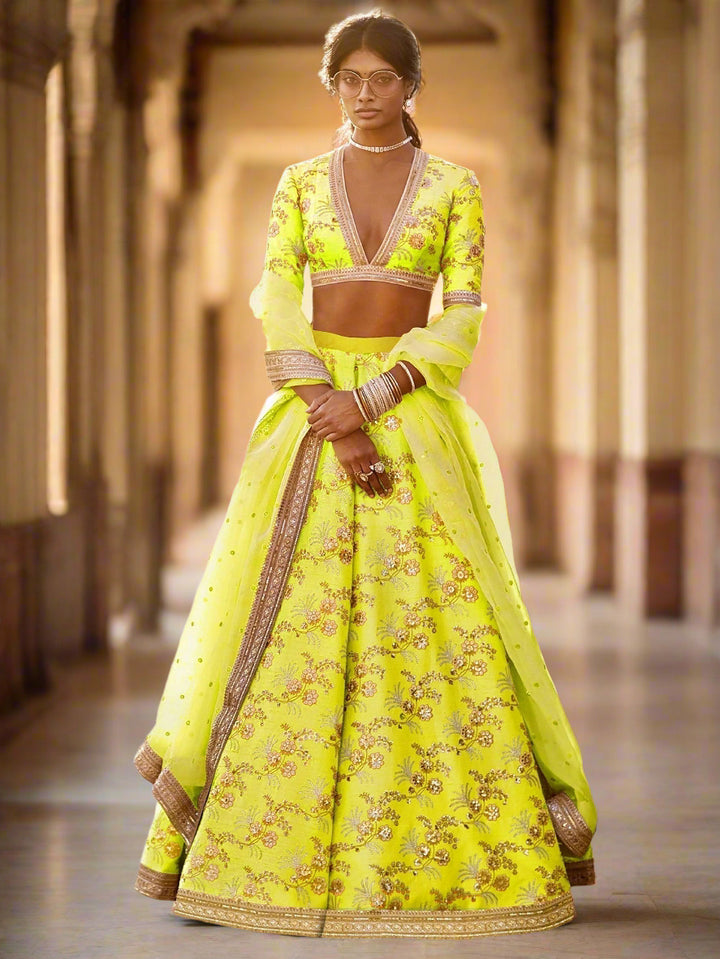 Vibrant Neon Yellow Lehenga | Silk with Dori, Zari & Sequin Embroidery