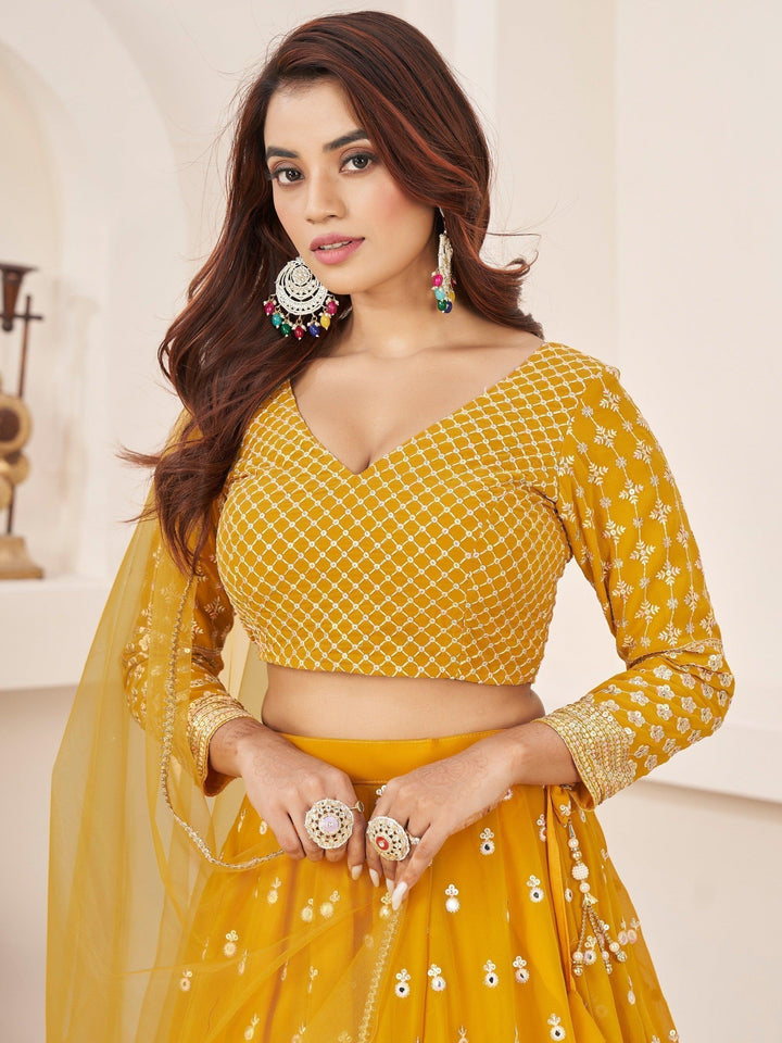 Radiant Yellow Lehenga Choli | Georgette Elegance with Threadwork & Sequins