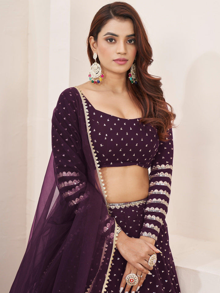 Fancified Wine Sequins Georgette | Reception Wear Lehenga Choli