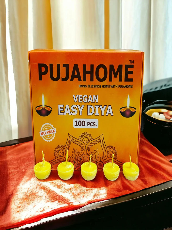 Ghee Diya Wicks (100 Pieces - Yellow) 30min Burning Time, Wax Free Vegan Easy Diya